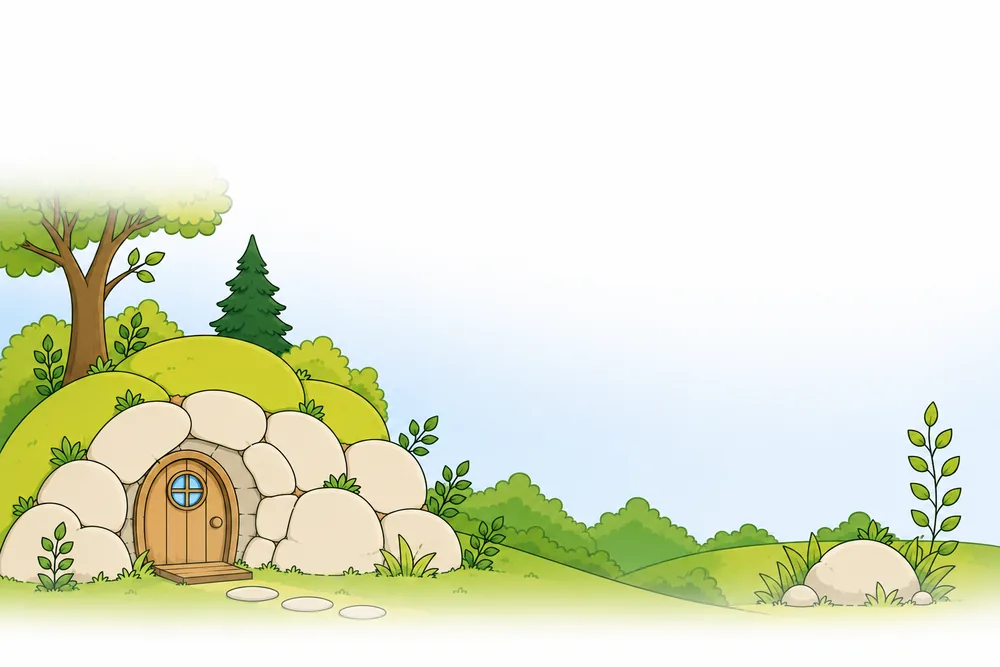 Kallis Steinhöhle mit Holztür in einem grünen Hügel, daneben ein Baum und eine Tanne.