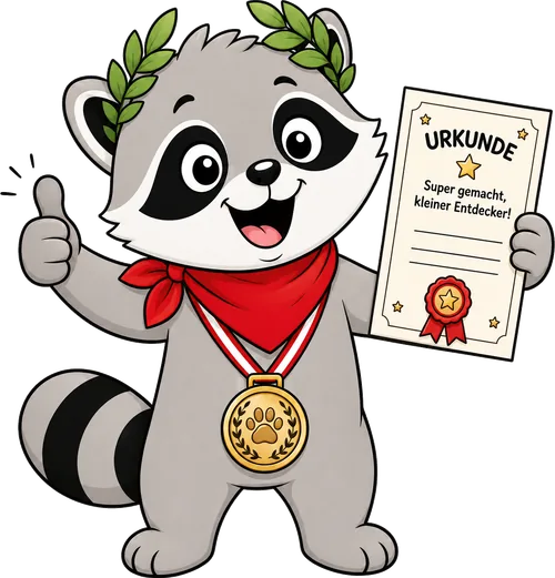 Kalli trägt eine goldene Medaille um den Hals, hält eine Urkunde hoch und zeigt den Daumen nach oben.