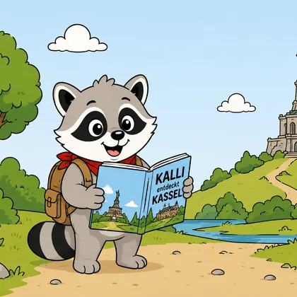 Kalli steht mit dem aufgeschlagenen Buch in der Hand auf einem Weg in der Landschaft.