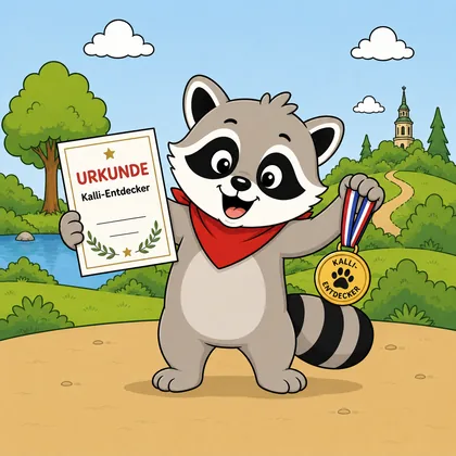 Kalli hält seine Urkunde und die goldene Entdeckermedaille in die Höhe.
