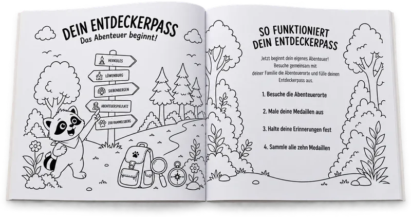 Aufgeschlagene Doppelseite: links Kalli an einem Wegweiser mit den Abenteuerorten, rechts die vier Schritte des Entdeckerpasses.