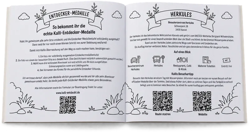 Aufgeschlagene Doppelseite: links der Weg zur echten Entdecker-Medaille, rechts die Eltern-Infoseite zum Herkules mit Besuchertipp und QR-Codes.